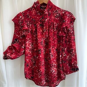 New York & Company Red Floral Tie Neck Blouse -- Small – Career/Business Casual